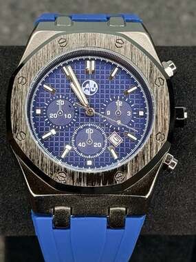 AJ Designed in USA Octagon Chronograph Watch with Blue Rubber Strap